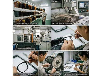 Six-panel-documentary-style-collage-showing-eyewear-manufacturing-stages-in-a-real-Chinese-eyewear-factory Six-panel-documentary-style-collage-showing-eyewear-manufacturing-stages-in-a-real-Chinese-eyewear-factory